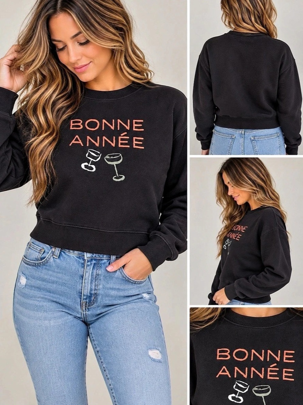 Anthropologie Bonne Année Sweatshirt Graphic Sweatshirt in Black Like New